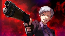 Rule 34 | 1girl, androgynous, artist request, crazy eyes, crazy smile, fingernails, game cg, gun, highres, jacket, necktie, official art, red background, rifle, shaded face, shirt, silver hair, smile, solo, spoilers, umineko no naku koro ni, ushiromiya kyrie, weapon