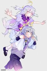 Rule 34 | absurdres, black footwear, bow, carrying, closed eyes, dress, feathered wings, grey hair, grin, halo, har00my, head wings, highres, honkai: star rail, honkai (series), long hair, outstretched arms, piggyback, puffy sleeves, purple bow, purple dress, robin (honkai: star rail), siblings, smile, socks, spread arms, sunday (honkai: star rail), sweater vest, white hair, wings, yellow eyes