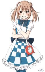 Rule 34 | 1girl, apron, artist name, checkered apron, checkered clothes, clenched teeth, commentary request, compass, cowboy shot, double bun, enemy lifebuoy (kancolle), gloves, hair bun, kantai collection, light brown hair, michishio (kancolle), moti coi, one-hour drawing challenge, puffy short sleeves, puffy sleeves, short sleeves, short twintails, simple background, solo, teeth, thighhighs, twintails, two-tone dress, two-tone legwear, white background, white gloves, yellow eyes