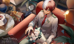 Rule 34 | 1boy, blurry, blurry foreground, boku no hero academia, bouquet, burn scar, cake, chair, dated, flower, food, from above, gift, hair between eyes, happy birthday, highres, holding, holding bouquet, looking at viewer, male focus, miyanami 3, multicolored hair, plant, potted plant, red hair, scar, scar on face, short hair, smile, solo, split-color hair, strawberry shortcake, todoroki shouto, two-tone hair, white hair