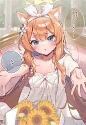 Rule 34 | 1girl, absurdres, animal ear fluff, animal ears, blue archive, blue eyes, blush, breasts, cleavage, dress, flower, hair flower, hair ornament, halo, highres, long hair, looking at viewer, mari (blue archive), muo (muojjang 0929), open mouth, orange hair, short sleeves, small breasts, solo, sparkle, speech bubble, translation request, white dress, white flower, yellow flower, yellow halo