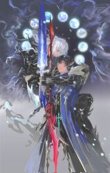 Rule 34 | 2boys, armor, aymeric de borel, black background, black hair, blood, blood on face, blue eyes, blue robe, cowboy shot, dragoon (final fantasy), elezen, elf, estinien varlineau, final fantasy, final fantasy xiv, from side, full moon, highres, holding, holding polearm, holding sword, holding weapon, lance, male focus, medium hair, moon, multiple boys, parted lips, pauldrons, pointy ears, polearm, robe, rongli (hxl1014), short hair, shoulder armor, standing, sword, weapon, white hair
