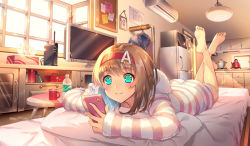Rule 34 | 1girl, advantiar, aqua eyes, barefoot, bed, blush, brown hair, cellphone, feet, hairband, hoodie, indoors, jacket, lying, no pants, on stomach, phone, pillow, short hair, smartphone, smile, solo, striped clothes, striped hoodie, television, the pose, unworn jacket, yoshimoto (dear life)