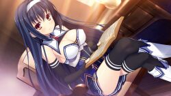 Rule 34 | 1girl, aikawa tatsuki, black hair, blush, book, boots, breasts, chair, cleavage, crossed legs, detached collar, eyebrows hidden by hair, female focus, game cg, holding, holding book, indoors, legs, long hair, looking at viewer, medium breasts, orange eyes, reading, rize mknest, ryuukishi bloody saga, sitting, skirt, solo, thighhighs, thighs, zettai ryouiki