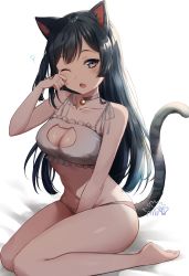 Rule 34 | 1girl, ;o, absurdres, animal ears, bare arms, bare shoulders, barefoot, bell, between legs, black hair, bra, breasts, cat cutout, cat ears, cat girl, cat lingerie, cat tail, choker, cleavage, clothing cutout, collarbone, fang, frilled bra, frills, grey eyes, highres, jingle bell, kemonomimi mode, long hair, looking at viewer, love live!, love live! nijigasaki high school idol club, medium breasts, meme attire, mia (fai1510), navel, neck bell, one eye closed, one side up, open mouth, panties, rubbing eyes, sitting, sleepy, solo, stomach, string bra, tail, tail raised, thighs, underwear, underwear only, waking up, wariza, white bra, white choker, white panties, yuki setsuna (love live!)