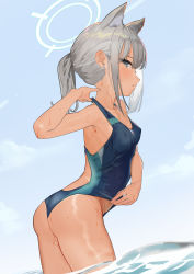 Rule 34 | 1girl, absurdres, adjusting clothes, adjusting swimsuit, animal ear fluff, animal ears, arched back, ass, blue archive, blue eyes, blush, breasts, collarbone, competition swimsuit, earrings, grey hair, halo, highres, jewelry, leaning forward, looking at viewer, nuda, one-piece swimsuit, shiroko (blue archive), shiroko (swimsuit) (blue archive), sky, small breasts, solo, stud earrings, swimsuit, tan, tanline, wading, water, wet