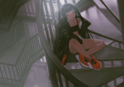 Rule 34 | 1girl, absurdres, bandaid, bandaid on arm, bandaid on face, black coat, closed mouth, coat, commentary request, highres, k1llg, long hair, looking at viewer, open clothes, open coat, orange eyes, orange footwear, original, shoes, short shorts, shorts, sitting, sneakers, solo, sports bra, stairs, twintails, very long hair, white shorts
