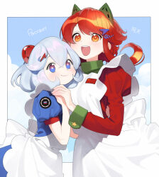 Rule 34 | 2girls, abbystea, apron, blue hair, height difference, holding hands, juliet sleeves, long sleeves, maid, maid apron, multiple girls, original, people&#039;s republic of china flag, puffy short sleeves, puffy sleeves, red eyes, red hair, russian flag, short sleeves, smile, star-shaped pupils, star (symbol), symbol-shaped pupils, white apron
