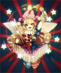 Rule 34 | 1girl, ahoge, american flag dress, american flag legwear, bad id, bad twitter id, blonde hair, chromatic aberration, clownpiece, commentary request, dress, fire, full body, hat, highres, jester cap, juggling club, long hair, looking at viewer, neck ruff, no-kan, open mouth, outstretched arm, pantyhose, petticoat, polka dot, red eyes, shirt, short sleeves, smile, solo, star (symbol), star print, striped clothes, striped pantyhose, teeth, torch, touhou, very long hair