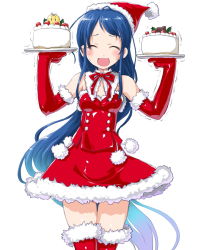 Rule 34 | 10s, 1girl, :d, ^ ^, absurdly long hair, alternate costume, bad id, bad pixiv id, blue hair, cake, christmas, closed eyes, cowboy shot, dd (ijigendd), detached collar, dress, elbow gloves, facing viewer, food, fruit, fur trim, gloves, gradient hair, hat, kantai collection, long hair, multicolored hair, open mouth, red dress, red gloves, red thighhighs, samidare (kancolle), santa costume, santa hat, simple background, smile, strawberry, sweat, the yuudachi-like creature, thighhighs, trembling, very long hair, white background, zettai ryouiki