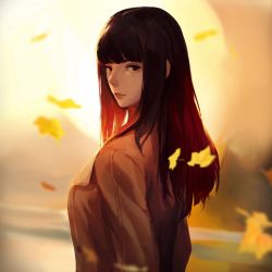 Rule 34 | 1girl, autumn, autumn leaves, black eyes, black hair, blunt bangs, breasts, brown jacket, commentary, day, english commentary, eyebrows, falling leaves, highres, jacket, leaf, light, lips, long hair, looking at viewer, looking back, looking to the side, lynus, maple leaf, original, outdoors, shade, solo, sunset
