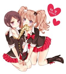 Rule 34 | 2girls, arm around shoulder, bear hair ornament, black footwear, black hair, black shirt, blonde hair, blue eyes, blush, boots, breasts, calf boots, choker, cleavage, closed mouth, clothes in mouth, collarbone, danganronpa: trigger happy havoc, danganronpa (series), english text, enoshima junko, female focus, fingernails, grey eyes, hair ornament, hand on another&#039;s shoulder, hand tattoo, heart, high heel boots, high heels, holding with mouth, ikusaba mukuro, incest, japanese text, kneeling, large breasts, long hair, looking at viewer, multicolored clothes, multicolored necktie, multicolored shirt, multiple girls, nail polish, necktie, parted bangs, parted hair, pleated skirt, red nails, red skirt, shirt, short sleeves, siblings, sisters, sitting, skirt, small breasts, smile, tattoo, twincest, twins, yuri