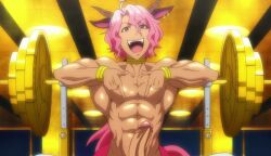 Rule 34 | 1boy, abs, argon (show by rock!!), armpits, barbell, bracelet, completely nude, ear piercing, goat boy, gold, horns, jewelry, long hair, male focus, muscular, muscular male, navel, neck brace, nude, pectorals, piercing, pink hair, red eyes, renachos, screencap, show by rock!!, solo, tan, third-party edit