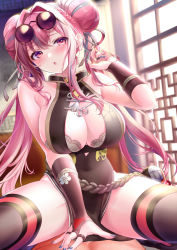 Rule 34 | 1girl, azur lane, black thighhighs, blush, braid, breasts, bremerton (azur lane), bremerton (kung fu cruiser) (azur lane), china dress, chinese clothes, cleavage, cleavage cutout, clothing cutout, covered navel, double bun, dress, eyewear on head, fingernails, girl on top, hair bun, hair intakes, highres, large breasts, long hair, looking at viewer, mole, mole on breast, nail polish, official alternate costume, parted lips, pelvic curtain, pink eyes, pink hair, pontaro18, sitting, sunglasses, thighhighs