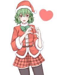 Rule 34 | 1girl, :d, belt, belt buckle, black thighhighs, blush, bobblehat, bow, bowtie, buckle, cowboy shot, fur-trimmed sleeves, fur trim, green bow, green bowtie, green hair, hair between eyes, hand gesture, hat, heart, heart hands, highres, kazami yuuka, long sleeves, looking at viewer, open mouth, plaid, plaid skirt, red eyes, red hat, red skirt, santa costume, short hair, simple background, skirt, smile, solo, standing, thighhighs, touhou, wendell, white background, zettai ryouiki