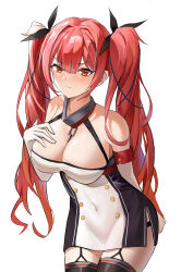 Rule 34 | 1girl, absurdres, azur lane, bare shoulders, black thighhighs, breasts, cleavage, closed mouth, covered navel, dress, elbow gloves, frown, gloves, hai binggan, hand on own chest, highres, honolulu (azur lane), large breasts, long hair, looking at viewer, red eyes, red hair, simple background, sleeveless, sleeveless dress, thighhighs, twintails, v-shaped eyebrows, very long hair, wavy hair, white background, white gloves, zettai ryouiki