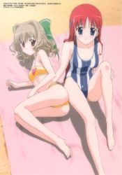 Rule 34 | 00s, 2girls, aisia, ass, barefoot, bikini, blue eyes, blue one-piece swimsuit, blush, bow, brown hair, casual one-piece swimsuit, da capo, da capo i, da capo second season, embarrassed, feet, fetal position, flat chest, from above, grey hair, hair bow, hair intakes, hair ornament, hairclip, half updo, hand on leg, heart, heart print, highleg, highleg swimsuit, highres, light smile, long hair, looking at viewer, looking back, lying, magazine scan, masuda kuniaki, megami magazine, multiple girls, non-web source, official art, on side, one-piece swimsuit, outdoors, parted bangs, print bikini, red eyes, red hair, scan, shadow, shirakawa kotori, short hair, sitting, smile, sports bikini, striped clothes, striped one-piece swimsuit, swimsuit, tankini, towel, vertical-striped clothes, vertical-striped one-piece swimsuit, very long hair, wavy hair, white one-piece swimsuit, yellow bikini, zipper