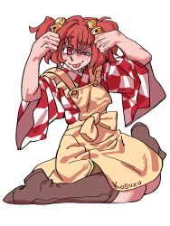 Rule 34 | 1girl, absurdres, apron, bell, brown footwear, checkered clothes, checkered kimono, clothes writing, commentary, eddybird55555, hair bell, hair ornament, highres, japanese clothes, kimono, looking at viewer, motoori kosuzu, orange eyes, red hair, short hair, simple background, solo, tongue, tongue out, touhou, two side up, white background, yellow apron