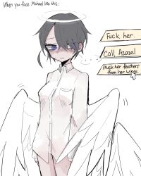 Rule 34 | ..., 1girl, :&lt;, @ @, alternate costume, angel, angel wings, archangel (helltaker), arms at sides, averting eyes, black hair, blue eyes, blush, breast pocket, breasts, character name, collared shirt, commentary, cowboy shot, cursor, dialogue options, dress shirt, embarrassed, english commentary, english text, feathered wings, feathers, gameplay mechanics, hair over one eye, halo, helltaker, highres, long sleeves, looking afar, looking to the side, medium breasts, mole, mole under eye, motion lines, naneon-aster, nervous, no headwear, no pants, nose blush, parted lips, pocket, raised eyebrows, shirt, short hair, simple background, solo, spoken ellipsis, sweat, very short hair, white background, white feathers, white shirt, white wings, wings