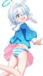 Rule 34 | :d, arms at sides, arona (blue archive), blue archive, blue hair, blue hairband, blue panties, blue sailor collar, blush, bow, braid, hair bow, hair over one eye, hairband, halo, highres, light blue hair, looking at viewer, open mouth, panties, pantyshot, pleated skirt, puffy short sleeves, puffy sleeves, sailor collar, short hair, short sleeves, side braid, simple background, single braid, skirt, smile, striped clothes, striped panties, underwear, upskirt, white background, white panties, white skirt, yotubawatane
