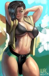 Rule 34 | 1girl, alternate costume, arms up, asymmetrical hair, belt, bikini, bikini top only, black belt, black bikini, brazil, breasts, brown eyes, cleavage, cornrows, dark skin, dark-skinned female, day, green shorts, hair over one eye, large breasts, laura matsuda, lips, navel, nose, open clothes, ribs, short shorts, shorts, solo, stomach, street fighter, street fighter v, swimsuit, thick thighs, thighs, toned, ujac, underboob