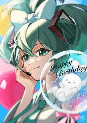 Rule 34 | 1girl, :3, absurdres, balloon, blue bow, bow, cinnamiku, cinnamoroll, closed mouth, dot nose, green eyes, green hair, green necktie, hair between eyes, hair bow, hair rings, happy birthday, hatsune miku, headset, highres, in bubble, looking at viewer, nagisa (pan to honey), necktie, pink bow, short hair, signature, smile, solo, upper body, vocaloid, white bow
