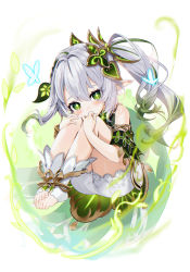 Rule 34 | 1girl, bare shoulders, barefoot, blush, bug, butterfly, butterfly wings, commentary request, covering own mouth, dress, flower, flower-shaped pupils, flying, gem, genshin impact, gotou (nekocat), green dress, green eyes, green flower, green gemstone, grey hair, grey shorts, hair between eyes, hair ornament, hands on own knees, hands up, highres, insect, insect wings, jewelry, leaf, looking at viewer, magic, nahida (genshin impact), off-shoulder dress, off shoulder, pointy ears, ponytail, short sleeves, shorts, simple background, solo, symbol-shaped pupils, white background, wings