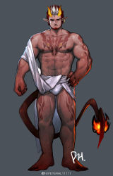 Rule 34 | 1boy, abs, bara, barefoot, borrowed character, character request, chest tattoo, chinese commentary, closed mouth, commentary request, copyright request, fingernails, frown, highres, horns, large pectorals, male focus, mature male, muscular, muscular male, navel, nipples, pectorals, peterhl, sharp fingernails, solo, tail, tattoo, yellow horns