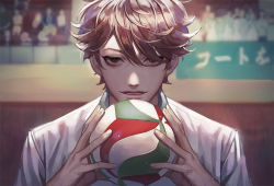 Rule 34 | 1boy, bad id, bad pixiv id, ball, brown eyes, brown hair, crowd, haikyuu!!, holding, holding ball, looking at viewer, male focus, oikawa tooru (haikyuu!!), parted lips, playing sports, short hair, solo focus, sportswear, swept bangs, volleyball, volleyball (object), volleyball uniform, zero q 0q
