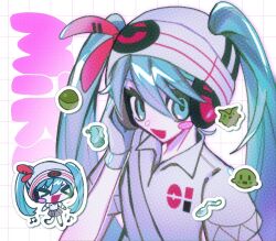 Rule 34 | &gt; &lt;, 1girl, :d, aqua eyes, aqua hair, beanie, character name, chibi, collared shirt, creatures (company), game freak, gloves, hair between eyes, hair through headwear, hand on headphones, hand up, hat, hatsune miku, headphones, highres, long hair, looking at viewer, musical note, nintendo, open mouth, outline, pokemon, polo shirt, project voltage, psychic miku (project voltage), shirt, short sleeves, smile, solo, twintails, u-m (u mwaumai), upper body, very long hair, vocaloid, white background, white gloves, white hat, white shirt, xd