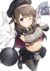 Rule 34 | 1girl, armpits, arms up, azur lane, beret, black footwear, black headwear, black pantyhose, black skirt, bomb, boots, breasts, brown hair, commentary request, cross, em (naval mine), explosive, gloves, grey shirt, grin, hair ribbon, hairband, hat, iron cross, long hair, long sleeves, looking at viewer, medium breasts, midriff, mine (weapon), naval mine, navel, one eye closed, outstretched arm, pantyhose, pleated skirt, purple eyes, ribbon, rigging, sailor collar, shirt, sideboob, sidelocks, skirt, sleeveless, sleeveless shirt, smile, solo, standing, standing on one leg, tsunenorip, two side up, v, white gloves, z35 (azur lane)