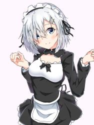 Rule 34 | 1girl, alternate costume, black dress, blue eyes, blush, breasts, cleavage, dress, enmaided, hair ornament, hair over one eye, hairclip, halkawa501, hamakaze (kancolle), highres, kantai collection, long sleeves, looking at viewer, maid, maid headdress, medium breasts, messy hair, short hair, silver hair, simple background, smile, solo, upper body, white background