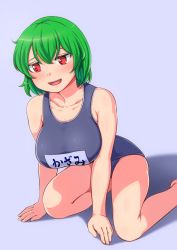 Rule 34 | 1girl, all fours, arm support, blush, breasts, green hair, highres, kazami yuuka, large breasts, looking to the side, name tag, one-piece swimsuit, open mouth, red eyes, sadahiro (chicken nugget gyuuniku aji), school swimsuit, short hair, solo, swimsuit, teikou, touhou
