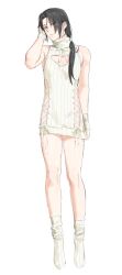 Rule 34 | 1boy, absurdres, bare shoulders, black eyes, black hair, bow, cleavage cutout, closed mouth, clothing cutout, eyes visible through hair, full body, hair over shoulder, hand on own head, hand up, highres, long hair, male focus, naruto, naruto (series), no pants, simple background, sleeveless, sleeveless sweater, sleeveless turtleneck, socks, solo, standing, sweater, turtleneck, uchiha itachi, uri ryou, white arm warmers, white background, white bow, white socks, white sweater