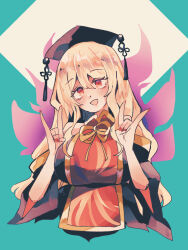 Rule 34 | 1girl, black dress, blonde hair, blush, breasts, chinese clothes, dress, energy, fox print, fox shadow puppet, hair between eyes, hat, highres, junko (touhou), large breasts, legacy of lunatic kingdom, long hair, long sleeves, open mouth, phoenix print, ratto (mobilis 1870), red eyes, red tabard, simple background, smile, solo, tabard, touhou, very long hair, wide sleeves