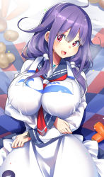 Rule 34 | 1girl, ahoge, black sailor collar, blush, breasts, carrot, collarbone, food, hair between eyes, hair flaps, highres, kantai collection, large breasts, long hair, long sleeves, low twintails, neckerchief, open mouth, potato, purple hair, red eyes, red neckerchief, sailor collar, school uniform, serafuku, smile, solo, taigei (kancolle), twintails, umigarasu (kitsune1963), vegetable
