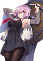 Rule 34 | 1girl, adapted costume, alternate costume, armpits, arms up, breasts, collared shirt, commentary request, dress, fate/grand order, fate (series), from below, glasses, gluteal fold, hair over one eye, holding, holding shield, hood, hoodie, kodama yuu, large breasts, looking at viewer, mash kyrielight, necktie, pantyhose, purple eyes, purple hair, shield, shirt, short hair, simple background, sleeveless, sleeveless dress, sleeveless shirt, smile, solo, white background, white shirt