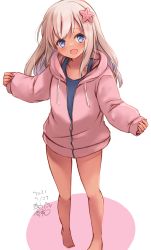 Rule 34 | 1girl, absurdres, artist name, bare arms, barefoot, black one-piece swimsuit, blonde hair, blue eyes, blush, collarbone, dated, flower, hair flower, hair ornament, highres, hood, hooded jacket, jacket, kantai collection, long hair, long sleeves, mashiro yukiya, one-piece swimsuit, open mouth, pink flower, pink jacket, ro-500 (kancolle), school swimsuit, signature, simple background, smile, solo, swimsuit, white background