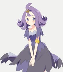 Rule 34 | 1girl, acerola (pokemon), armlet, blush, closed mouth, collarbone, commentary request, creatures (company), dress, flipped hair, game freak, grey dress, hair ornament, hairclip, highres, looking at viewer, medium hair, multicolored clothes, multicolored dress, nintendo, ohn pkmn, pokemon, pokemon sm, purple hair, short sleeves, solo, stitches, topknot, torn clothes, torn dress