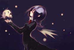 Rule 34 | 1girl, black dress, blush, bone, bow, bowtie, dark, dress, floating, from side, itou nanami, long sleeves, original, parted lips, purple background, short hair, simple background, skull, solo, upper body