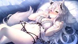 Rule 34 | 1girl, ahoge, animal ear fluff, animal ears, babydoll, blurry, blurry background, blush, bokeh, breasts, bright pupils, cleavage, depth of field, grey hair, hair between eyes, highres, indoors, lingerie, long hair, looking at viewer, lying, medium breasts, multi-strapped panties, navel, night, non-web source, on back, original, parted lips, rozea (graphmelt), sidelocks, solo, strap gap, tail, underwear, underwear only, very long hair, white pupils, yellow eyes
