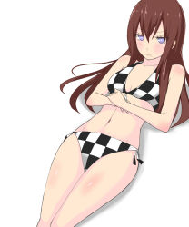 Rule 34 | 1girl, bare shoulders, bikini, blush, body blush, breasts, brown hair, checkered bikini, checkered clothes, collarbone, embarrassed, female focus, fingernails, front-tie top, frown, hair between eyes, hands on own chest, kurobuta (iina), long hair, long image, looking at viewer, lying, makise kurisu, navel, on back, own hands together, purple eyes, shadow, shiny skin, side-tie bikini bottom, simple background, skindentation, solo, steins;gate, swimsuit, tall image, thighs, white background