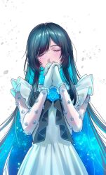 Rule 34 | 1girl, ado (utaite), adochansukisuki, black hair, blue hair, chando (ado), closed eyes, cloud nine inc, colored inner hair, commentary, cowboy shot, double exposure, dress, frilled dress, frilled gloves, frills, gloves, highres, long hair, mole, mole under eye, multicolored hair, own hands clasped, own hands together, sleeveless, sleeveless dress, solo, two-tone hair, utaite, variant set, very long hair, white background, white dress, white gloves