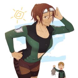 Rule 34 | 1boy, 1girl, animal, aquiline nose, bent over, brown eyes, brown hair, brown shorts, commentary, crop top, fish, goggles, goggles on head, green jacket, hand on own hip, hange zoe, hanpetos, holding, holding animal, holding fish, jacket, midriff, moblit berner, one eye closed, ponytail, shingeki no kyojin, shorts, survey corps (emblem), tan, tanline, wet