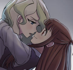 Rule 34 | 2girls, blue eyes, brown hair, couple, diana cavendish, eye contact, highres, imminent kiss, kagari atsuko, little witch academia, long hair, looking at another, luna nova school uniform, macartura08, multicolored hair, multiple girls, open mouth, red eyes, school uniform, simple background, two-tone hair, wavy hair, yuri