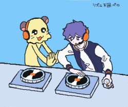 Rule 34 | 1boy, 1other, :3, :o, blue background, blue jacket, character request, commentary request, crossover, dj, headphones, headset, jack-o&#039; ran-tan, jacket, leaning forward, letterman jacket, looking at another, looking at object, m (miya217), napoli no otokotachi, open clothes, open jacket, open mouth, outstretched arms, parody, phonograph, purple eyes, purple hair, rhythm tengoku, rhythm tengoku gold, shirt, simple background, tareme, translation request, turntable, upper body, whiskers, white shirt, white sleeves