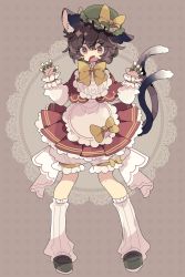 Rule 34 | 1girl, absurdres, animal ear fluff, animal ears, apron, bow, bowtie, brown eyes, brown hair, capelet, cat ears, cat tail, chen, claw pose, dress, fang, full body, gao, green nails, grey background, hat, highres, kneehighs, messy hair, mob cap, multiple tails, nail polish, nekomata, nikorashi-ka, red capelet, red dress, short hair, simple background, socks, solo, standing, tail, touhou, two tails, v-shaped eyebrows, yellow bow, yellow bowtie