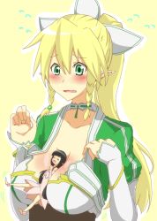 Rule 34 | 10s, 2girls, between breasts, black hair, blonde hair, blush, braid, breasts, cleavage, flying sweatdrops, green eyes, i b b e, large breasts, leafa, long hair, mini person, minigirl, multiple girls, open mouth, person between breasts, pointy ears, ponytail, sword art online, twin braids, wavy mouth, yui (sao), yui (sao-alo)