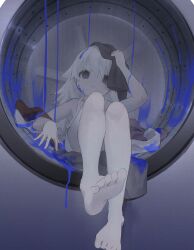 Rule 34 | 1girl, absurdres, barefoot, closed mouth, empty eyes, expressionless, feet, foot focus, hand up, highres, icochiya (icochiya1414), long hair, original, solo, toes, washing machine, white hair