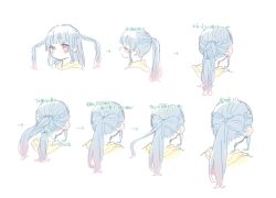 Rule 34 | 1girl, arrow (symbol), blue hair, blush, bow-shaped hair, braid, cha ipride, closed mouth, cropped shoulders, dot mouth, gradient hair, half updo, highres, hood, hood down, hooded jacket, how to, hyodou shizuku, idoly pride, jacket, long bangs, long hair, looking at viewer, multicolored hair, multiple views, pink eyes, pink hair, ponytail, profile, sidelocks, simple background, translation request, turnaround, twin braids, twintails, white background, yellow jacket